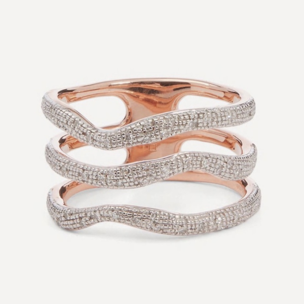 🎉HP🎉 NWT Monica Vinader Riva Triple Wave Pave Diamond Rose Gold Ring & Gift Wrap - Picture 2 of 9